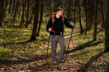 Erkek yürüyüşçü ormanda yürürken yan tarafa bakıyor.