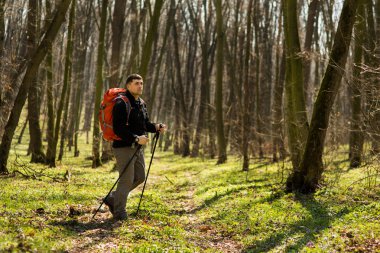 Erkek yürüyüşçü ormanda yürürken yan tarafa bakıyor.