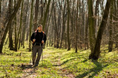 Erkek yürüyüşçü ormanda yürürken yan tarafa bakıyor.