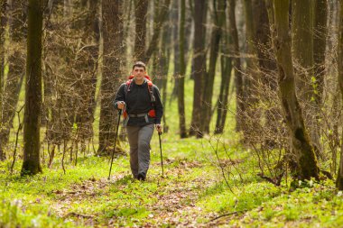 Erkek yürüyüşçü ormanda yürürken yan tarafa bakıyor.