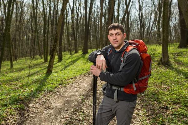 Caminante masculino mirando hacia un lado caminando en el bosque — Foto de Stock