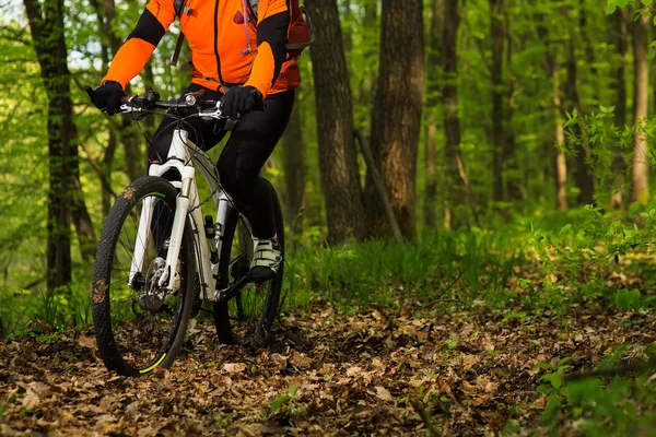 Cyklist ridning cykeln på ett spår i sommar skog — Stockfoto