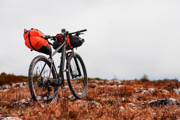 Fiets met oranje tassen voor reizen — Stockfoto