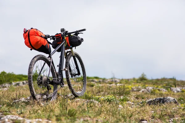 Bicicleta con bolsas naranjas para viajar — Foto de Stock