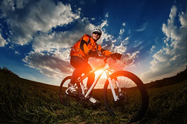Велосипедист в помаранчевій майці катається на зеленому літньому полі — стокове фото