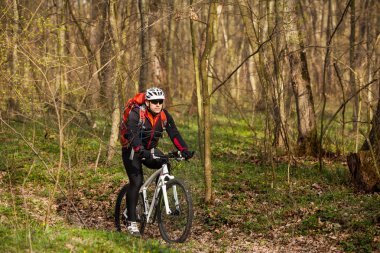 Bisikletçi bir iz yaz ormandaki bisiklet sürme