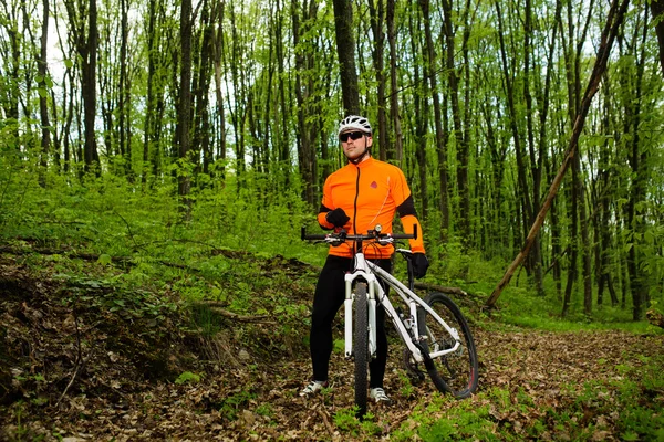 Cyklista, jízdě na kole v krásném jarním lese — Stock fotografie
