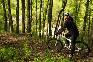 Bisikletçi bir iz yaz ormandaki bisiklet sürme