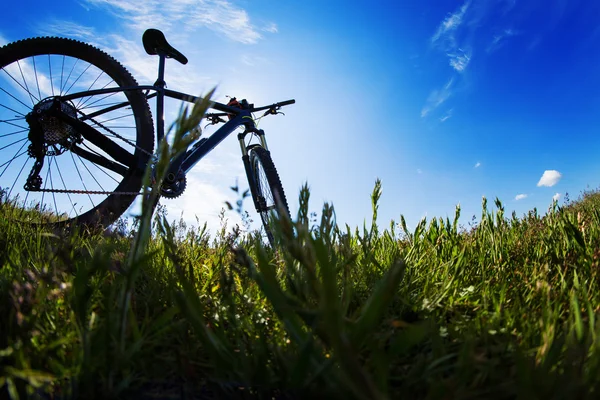 Fahrrad auf der Wiese bei Sonnenuntergang — Stockfoto