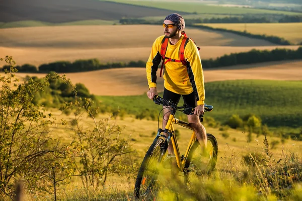 Joven hombre brillante en bicicleta de montaña — Foto de Stock