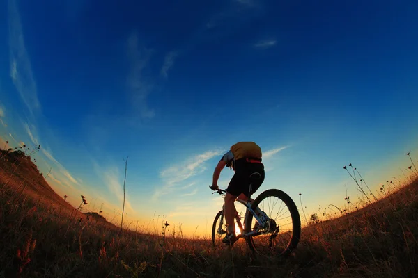 Silhouette of a biker and bicycle on sky background. — Stock Photo, Image