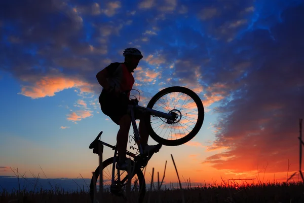 Silhouet van een fietser en fiets op zonsondergang achtergrond. — Stockfoto