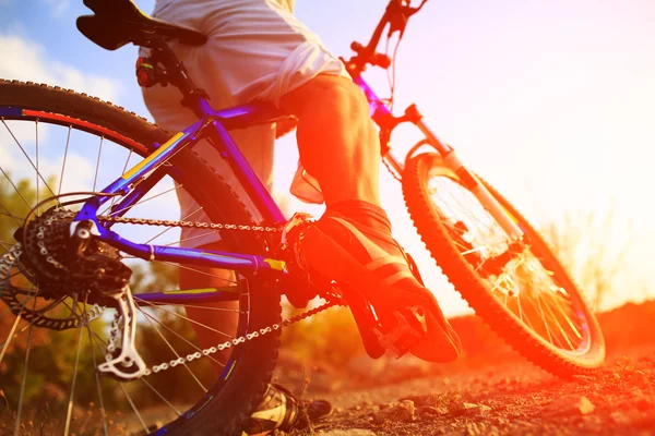 Vista a basso angolo del ciclista in mountain bike — Foto Stock
