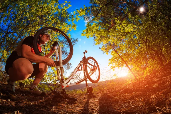 Młody mężczyzna naprawa rowerów górskich w lesie — Zdjęcie stockowe