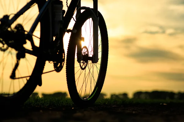 Beautiful close up scene of bicycle at sunset, — Stock Photo, Image