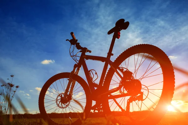 夕暮れ時の山の自転車のシルエット — ストック写真