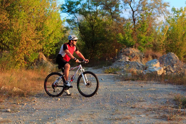 Ciclista joven adulto montando bicicleta de montaña en el campo — Foto de Stock