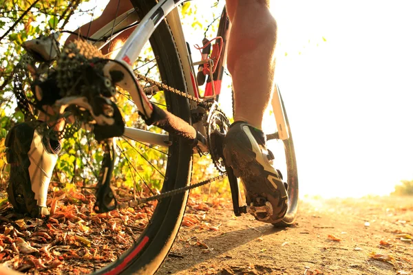 Detaliu de biciclist om picioare de echitatie biciclete de munte în aer liber — Fotografie, imagine de stoc