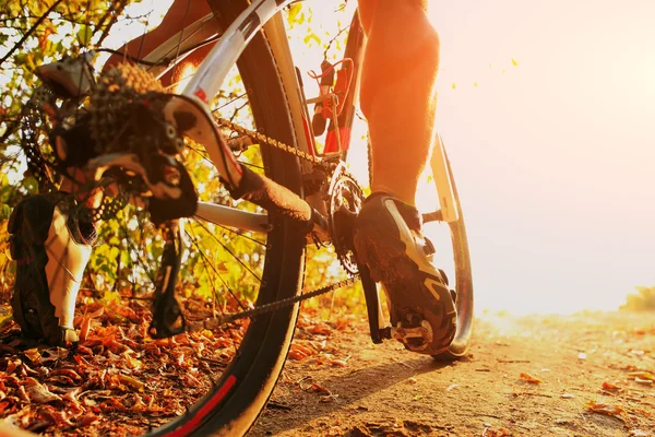 Dettaglio di ciclista uomo piedi in sella alla mountain bike all'aperto — Foto Stock