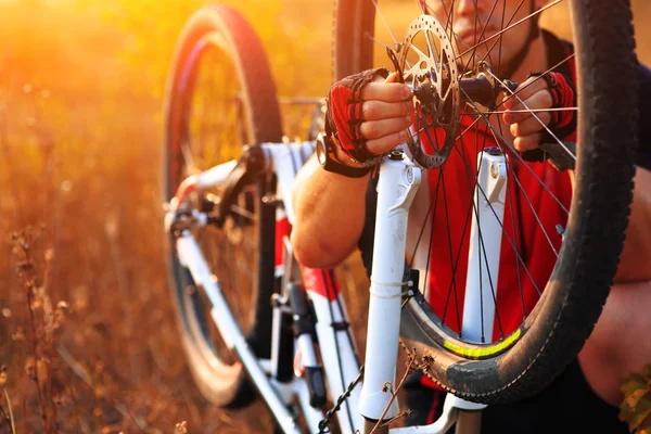 Ung man reparera mountainbike i skogen — Stockfoto