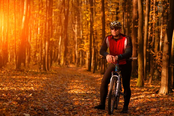 Байкер на лесной дороге езда на открытом воздухе — стоковое фото