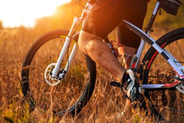 Dağ bisikleti sonbahar ormandaki açık iz sürme bisikletçi adam bacaklar