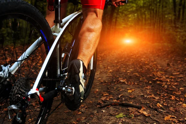 Cyclist man legs riding mountain bike — Stock Photo, Image