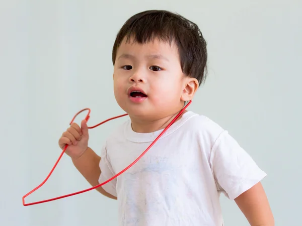 Image boy with hanger on neck. — Stock Photo, Image