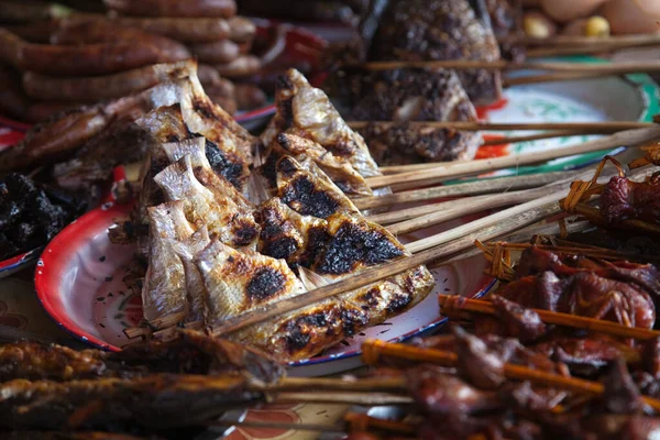 Laos, comida de rua em espetos para grelhar, frango, peixe, pássaros — Fotografia de Stock