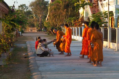Muong Khong Laos 1.12.2012 Şafak sökerken köyde pirinç toplamak için keşişler