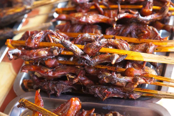 Laos, comida de rua em espetos para grelhar, frango, peixe, pássaros — Fotografia de Stock