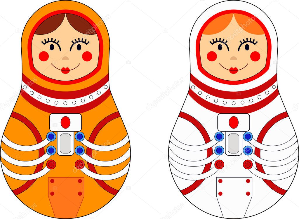 Set: Russian doll matryoshka cosmonaut in spacesuits of two colors