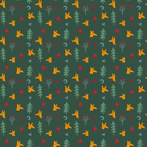 Бесшовные Детские Леса Лисами Птицами Деревьями Кустарниками Красными Ягодами Зеленый — стоковый вектор