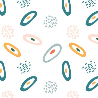 Renkli oval ve noktalı soyut arkaplan, Memphis sanat tarzı, tekstil, kağıt ve hediye paketi için parlak ve renkli