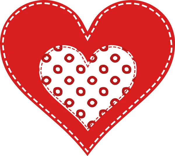 Red Heart Stitched White Thread Heart Red Polka Dots Patchwork — Stock Vector