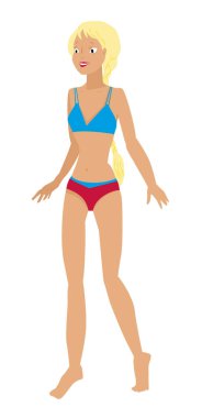 Gülümseyen genç bir kız, ayrı kırmızı ve mavi bir mayo, sarı saçlı ve uzun örgülü bir kız.