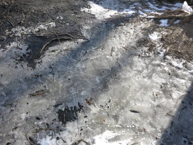 Çamurlu zeminde buzlu bir kabuk, baharın ani soğuk çıtırtısı. Güneşin ışınları buza düşer                   
