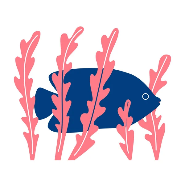 Peixe Azul Tropical Entre Algas Rosa Ícone Logotipo Fundo Branco — Vetor de Stock