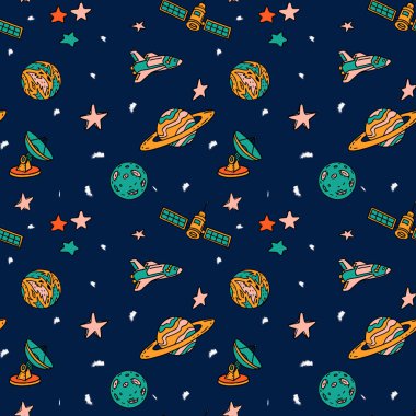 Çocuk alanı arka planı, uydu anteni, roketleri, güneş uzay istasyonu ve yıldız gemisi