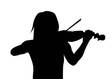 Beyaz arka planda keman çalan bir kızın silüeti.