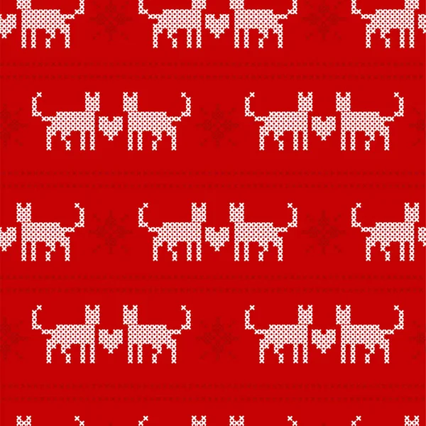 Boże Narodzenie Wzór Cross Stitch Koty Miłości Płatków Śniegu Czerwonym — Wektor stockowy