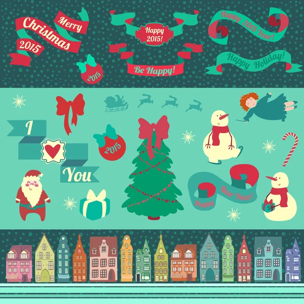 Christmas element med träd, snö, leksaker, Amsterdam hus och band — Stock vektor