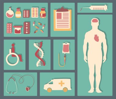 Medical icons set: patient, blood transfusion, pills, cross, syringe, ambulance, stethoscope, and other. Healthcare infographic elements illustration made in flat design
