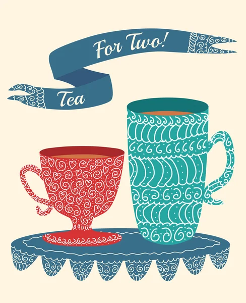 Cute doodle hand drawn icon with two cups and words "tea for two" — Stock Photo, Image