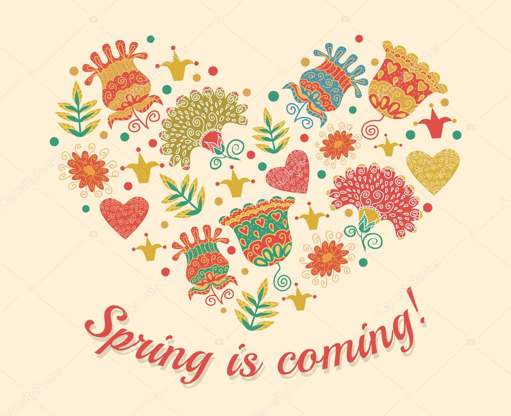 Beautiful card with doodle flowers and crowns heart and hand drawn cute words Spring is coming