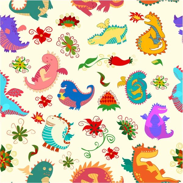 Motif avec des fleurs et des dragons — Image vectorielle