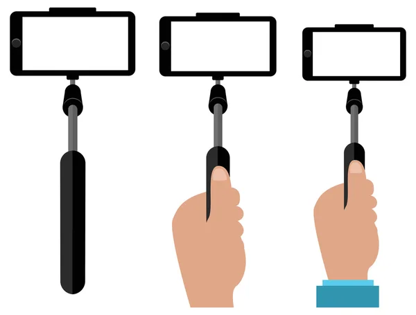 Selfie en el teléfono inteligente utilizando el monópodo . — Archivo Imágenes Vectoriales