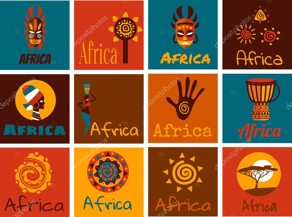 Vector set of stylized African and Safari elements and icons. Flat illustration.