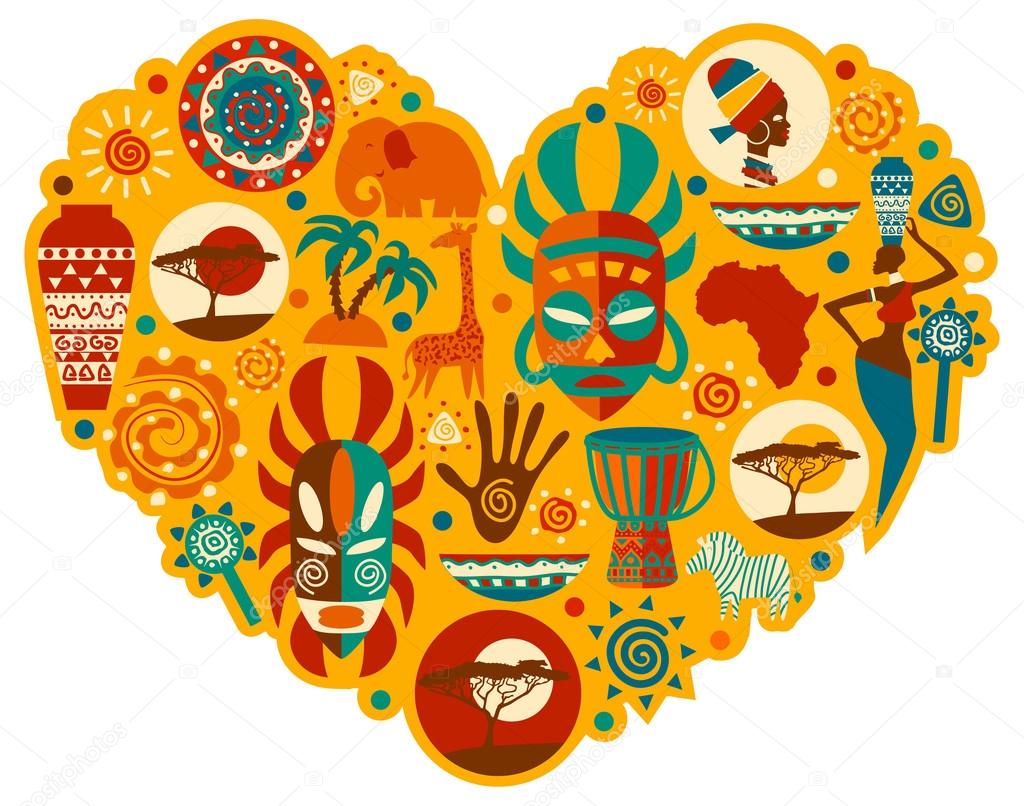 Vector set of stylized African and Safari elements and icons. Flat illustration.