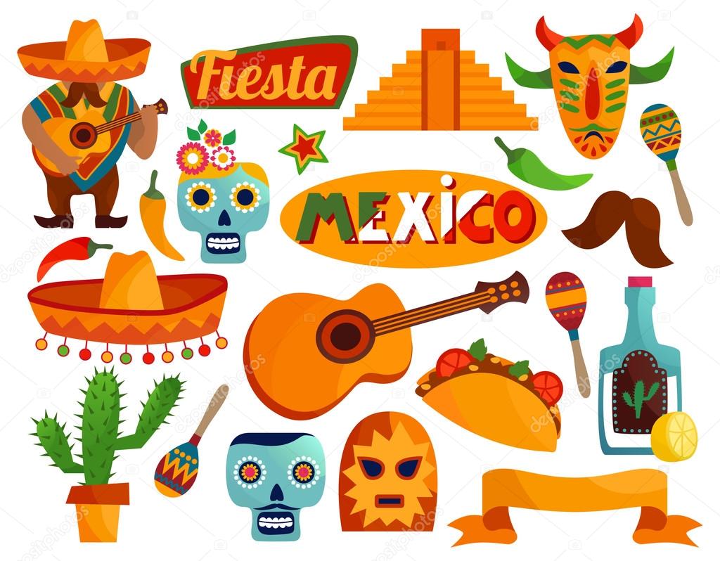 Vector set of stylized Mexico elements and icons. 3D illustration.